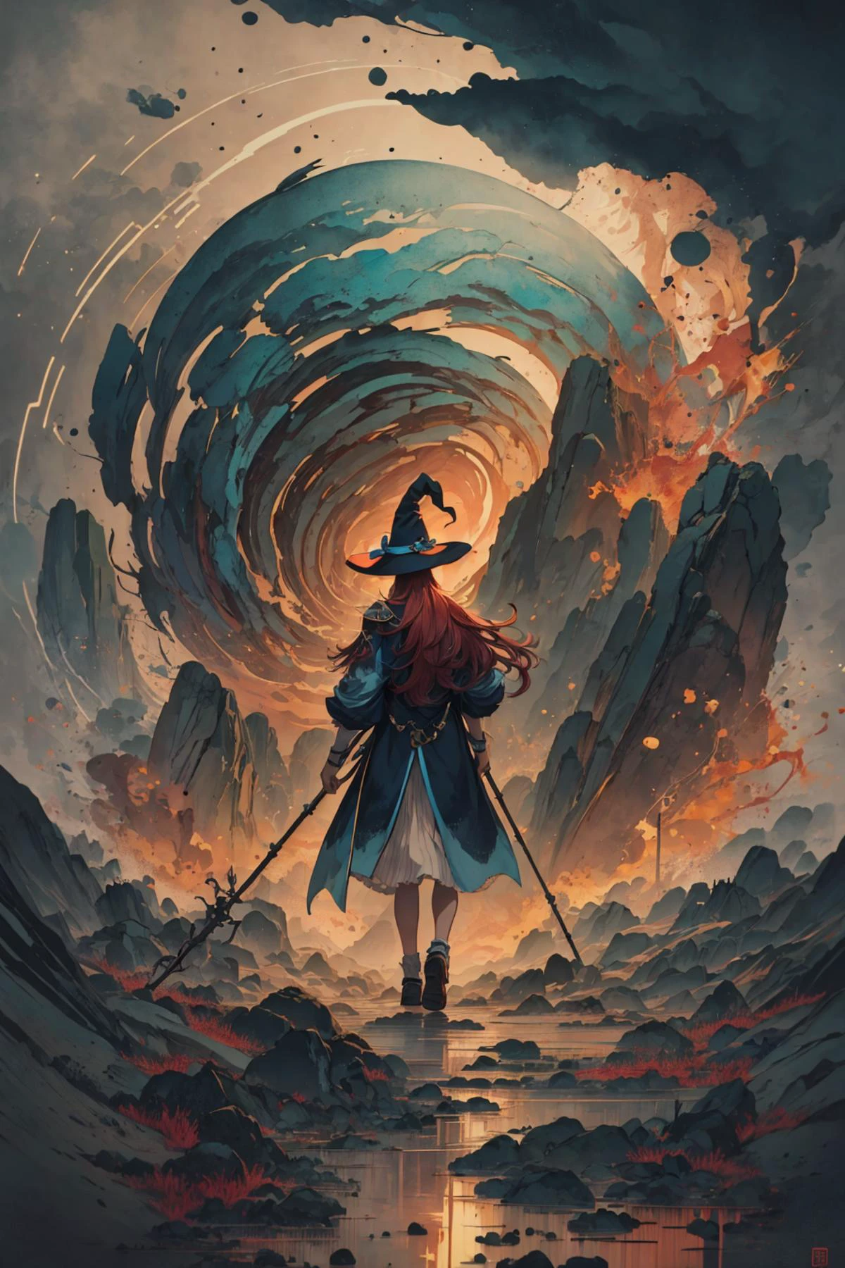 mesmerizing and visually stunning artwork, created by a renowned artist, showcasing intricate details and vibrant colors, official art, quality, High resolution rendering in 4K, flash, diffusion,
<lora:GoodHands-beta2:0.8>,
(1man, thin adult male:1.2), grey eyes, dark red hair, french crop,
(style-swirlmagic:0.8), looking down, solo, from back, back view, (full body:0.6), detailed background, (<lora:Unholy:0.5>, Sc3pt4, scifi theme:1.1), light smile, witch hat, witch, (glowing eyes:1.1), hair flowing in the wind, blue trimmed dark colored clothes, dynamic pose, desolate battlefield background, magic glowing staff, whirlwind of swirling elemental spell in the air, swirling portal, dim light, rainstorm, wet, drenched, magical atmosphere,