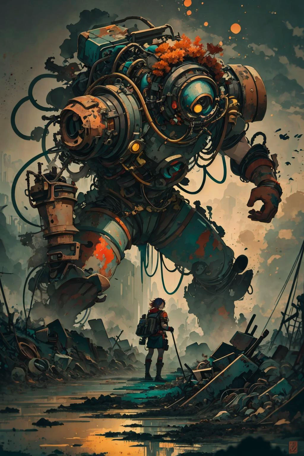 mesmerizing and visually stunning artwork, created by a renowned artist, showcasing intricate details and vibrant colors, official art, quality, High resolution rendering in 4K, flash, diffusion,
<lora:GoodHands-beta2:0.8>,
1 girl, adult woman, freckles, coral eyes, yellow textured hair,
portrait, solo, from front, front view, (full body:0.6), looking away, detailed background, detailed face, (<lora:ToxicPunkAI:0.6>, ToxicPunkAI theme:1.1), rust-warrior, rusty armor, (rusty:1.05), brown rust, grungy, worn-out, soot, made of rust, fully rusted, machinery, dynamic pose, rust in background, dark lighting, dark clouds, cinematic atmosphere,