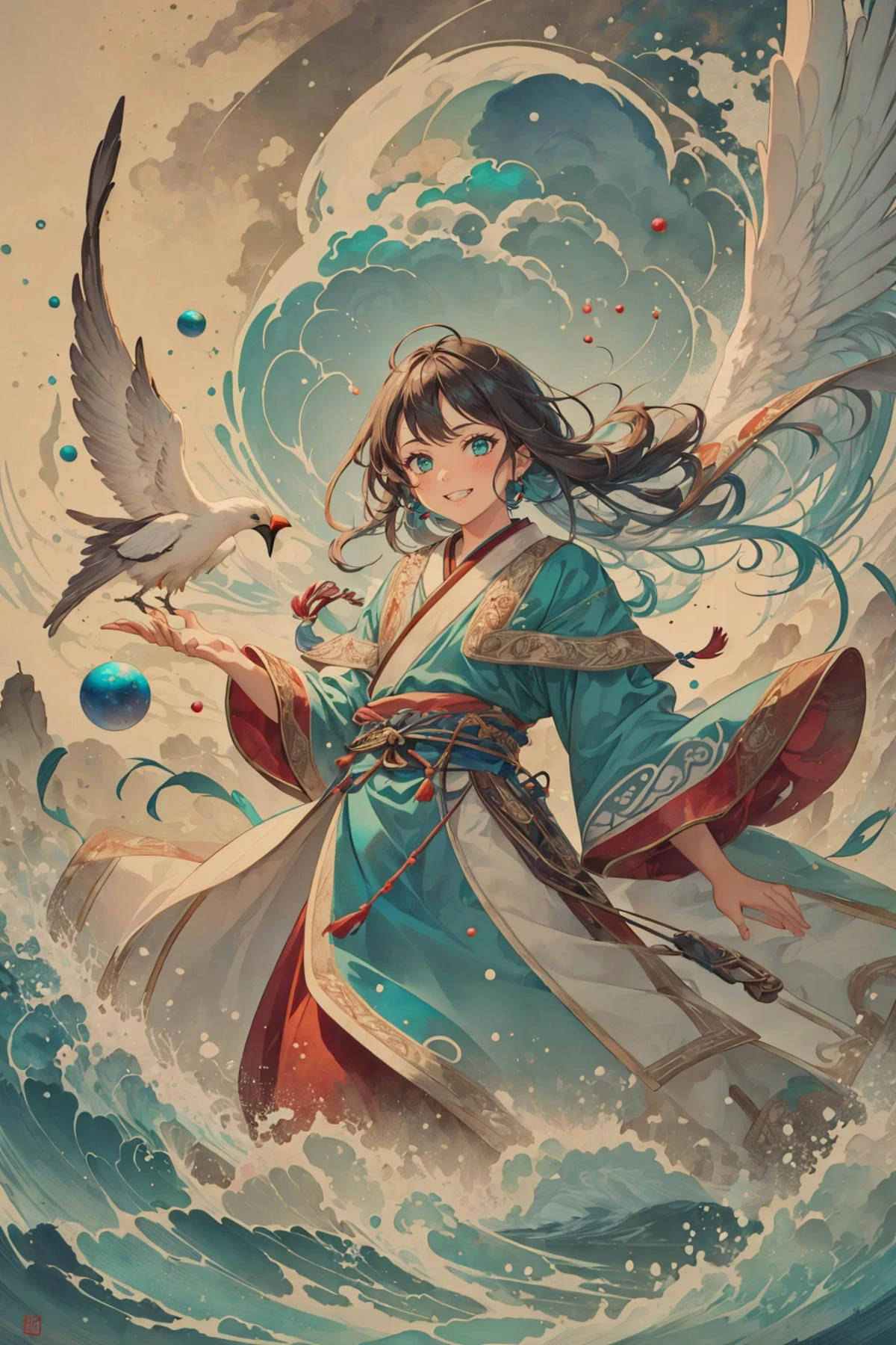 mesmerizing and visually stunning artwork, created by a renowned artist, showcasing intricate details and vibrant colors, official art, quality, High resolution rendering in 4K, flash, diffusion,
<lora:GoodHands-beta2:0.8>,
1 girl, adult (elven:0.7) woman, turquoise eyes, dark brown lob hair,
solo, from front, front view, (full body:0.6), looking at viewer, detailed background, detailed face, (<lora:MongolPunkAI:0.6>, MongolPunkAI, mongolian theme:1.1), wind mage, aeromancer,champion of the tempest, mystical grin, white feathered mage clothes, billowing cloak, enchanted sapphire talisman, strong winds blowing, particles drifting in the wind, graceful movement, gathering storm in background, ethereal orbs of light,