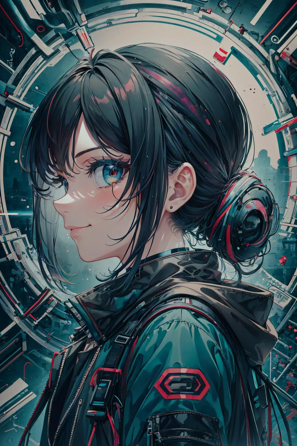 mesmerizing and visually stunning artwork, created by a renowned artist, showcasing intricate details and vibrant colors, official art, quality, High resolution rendering in 4K, flash, diffusion,
<lora:GoodHands-beta2:0.8>,
1 girl, adult (elven:0.7) woman, ruby eyes, silver updo hairstyle,
portrait, looking at viewer, solo, from side, side view, (full body:0.6), detailed background, detailed face, (<lora:OpticalTech:0.6>, opticaltech theme:1.1), high-tech futuristic hacker, smirk, cyberpunk aesthetics, techwear, augmented reality interface, electronics, digital graffiti, error message, binary code, cyberspace in background, green lights, subterfuge, dark sinister atmosphere, shadows,
