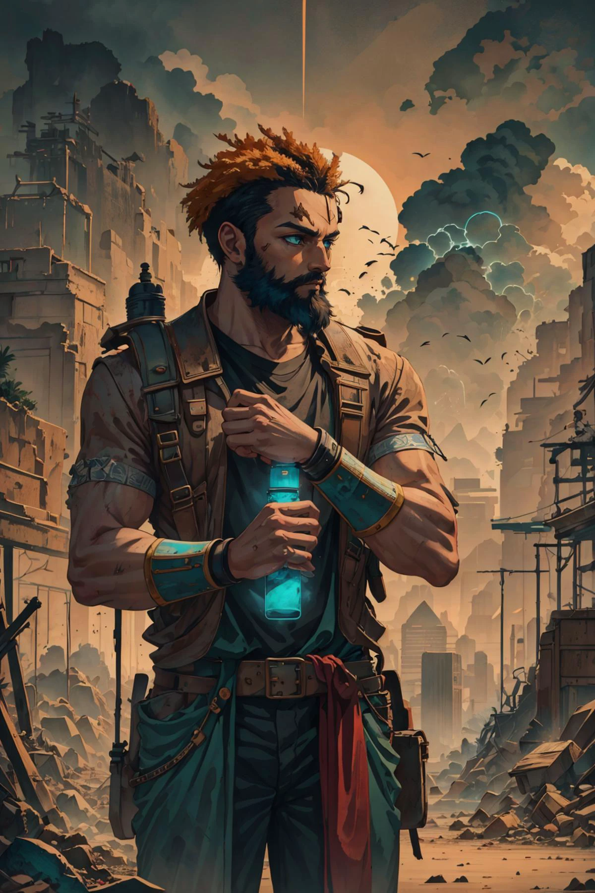 mesmerizing and visually stunning artwork, created by a renowned artist, showcasing intricate details and vibrant colors, official art, quality, High resolution rendering in 4K, flash, diffusion,
<lora:GoodHands-beta2:0.8>,
(1man, muscular adult british male:1.2), turquoise eyes, yellow hair, thin beard,
solo, upper body, looking down, detailed background, detailed face, (<lora:Cyber_Egypt:0.6>, Cyber_Egypt theme:1.1), rust-warrior, rusty armor, (rusty:1.05), brown rust, grungy, worn-out, soot, made of rust, fully rusted, machinery, left to rust, dynamic pose, abandoned ruins in background, low light, shadows, dark clouds, cinematic atmosphere,