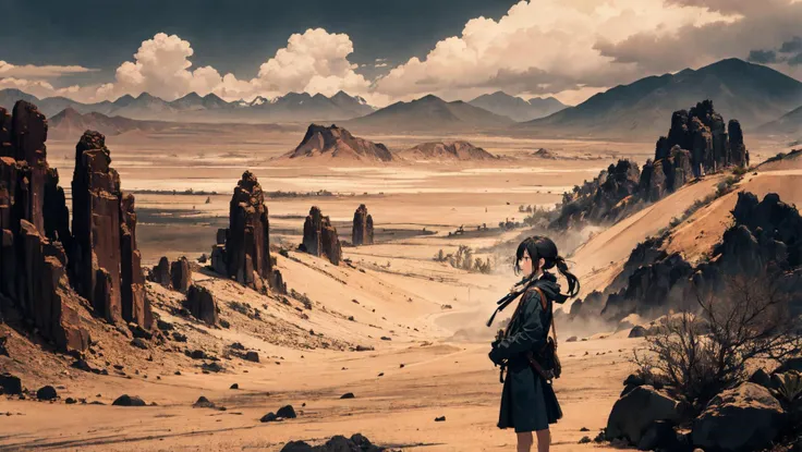 1girl, solo focus, windy, a desert scenery,