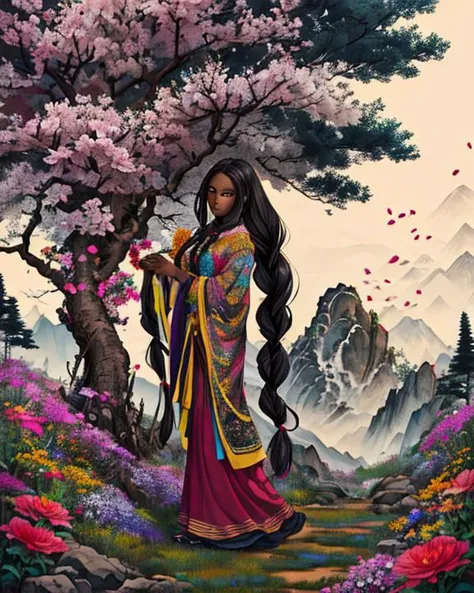 gorgeous black woman,
long braided hair, 
large blue eyes, beautiful eyes, 
beautiful face, chiseled jaw, 
dark skin, muscular body, 
standing on a mountain, whole body visible, surrounded by colorful flowers and trees, 
masterpiece, very detailed, high quality, realistic, 
ribbon,petals,from side, chinese clothes, holding flowers,