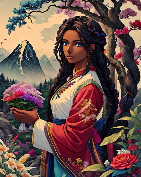 A woman in a red dress holding flowers in front of a mountain - SeaArt AI