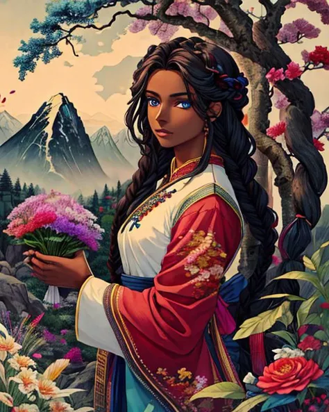 gorgeous black woman,
long braided hair, 
large blue eyes, beautiful eyes, 
beautiful face, chiseled jaw, 
dark skin, muscular body, 
standing on a mountain, whole body visible, surrounded by colorful flowers and trees, 
masterpiece, very detailed, high quality, realistic, 
ribbon,petals,from side, chinese clothes, holding flowers,