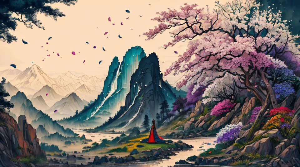 gorgeous black woman,
long braided hair,
large blue eyes, beautiful eyes,
beautiful face, chiseled jaw,
dark skin, muscular body,
standing on a mountain, whole body visible, surrounded by colorful flowers and trees,
masterpiece, very detailed, high quality, realistic,
ribbon,petals,from side, chinese clothes, holding flowers,