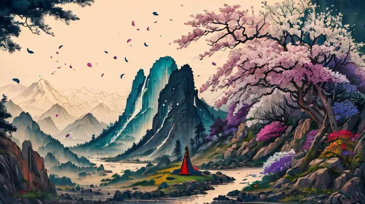 gorgeous black woman,
long braided hair, 
large blue eyes, beautiful eyes, 
beautiful face, chiseled jaw, 
dark skin, muscular body, 
standing on a mountain, whole body visible, surrounded by colorful flowers and trees, 
masterpiece, very detailed, high quality, realistic, 
ribbon,petals,from side, chinese clothes, holding flowers,