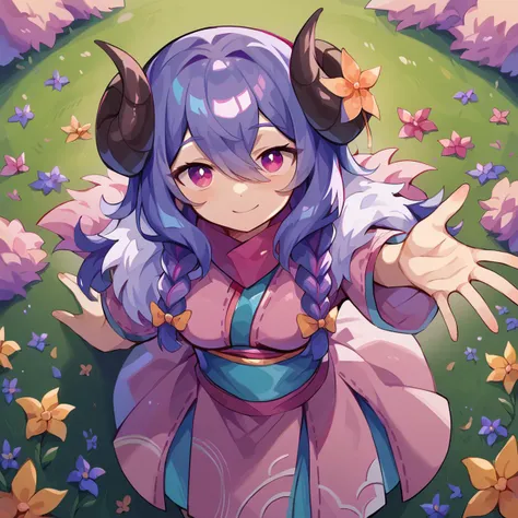 score_9,score_8_up,score_7_up,score_6_up,score_5_up,score_4_up,
masterpiece,1girl,female,(solo:1.3),<lora:SBlamb>,sblamb,bangs,blue hair,horns,curled horns,hair flower ornament,long purple hair,japanese clothes,ribbon,twin side braids,hair between eyes,medium breasts,pink eyes,smile,<lora:Uenomigi-v1-PDXL:1>,from above,spinning,looking at viewer,dancing,(flower field:1.2),reaching towards viewer,beckoning,