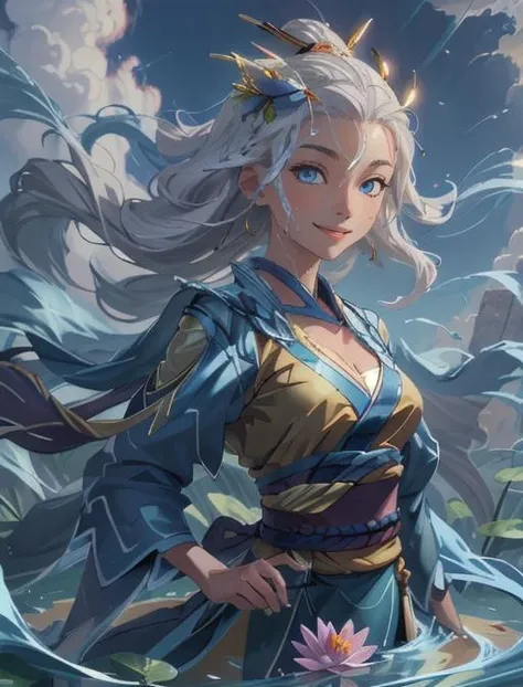 masterpiece, 1 woman, Zephyr, 30 year old woman, adult, mature look, mature adult face, smiling and dancing, she has a deep love for the sky and is rarely seen without a smile, full body illustration, long, flowing silver hair that seems to move with the slightest breeze, and sky-blue eyes that sparkle with mischief, high detail, fantasy medieval style clothes (light flowing robes in shades of blue and white designed for maximum freedom of movement, flat blue shoes designed for mobility), attire is modest but feminine, she's holding a pair of lightweight razor-sharp fans, she is graceful and fluid, wind is swirling around her dynamically, intricate details, ultra high resolution, sharp focus, HD, 8k, clear facial features, clear details, zoomed out view, (((the background is an open field)))