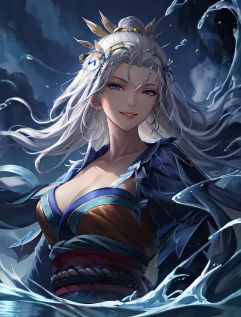 best quality, masterpiece, highres, detailed, digital artwork, <lora:Detail - add_detail:0.2>, MuYanling, white hair, water, oriental clothing, blue and gold clothing, blue eyes, clouds, <lora:Character - MuYanling:0.8>