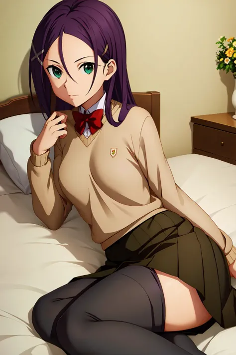 masterpiece, best quality, ultra-detaile,
,green eyes, on bed, black pantyhose, pleated_skirt, purple_hair, brown_skirt, hair_ornament, hairclip, medium breast,cute,
<lora:misumi:0.7>