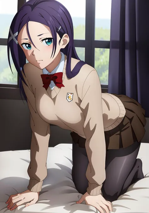 (((masterpiece))), (((best quality))), ultra-detaile, ((sexy)), (((all fours)))  blush,window,curtain, thigh, [wet], backlighting, on bed, long hair, bangs,blue eyes, green eyes,red bowtie, (black pantyhose), pleated_skirt, brown_skirt, hair_ornament, hairclip, medium breast, [[[miniskirt]]] , front view,
<lora:misumi222:0.7>