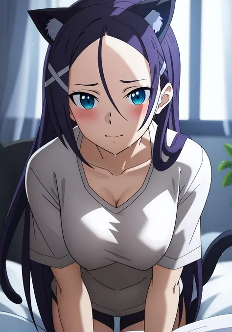 (((masterpiece))), (((best quality))), ultra-detaile,  ((sexy)), blush,  [wet], cute, backlighting, look at viewer, cleabage,
all fours,on bed, white shirt, bottomless, collarbone, short sleeve, large shirt, cat ears, cat tail, shameful,
long hair,bangs,blue eyes, green eyes, hair_ornament,  hairclip, medium breast, 
<lora:misumi222:0.7>