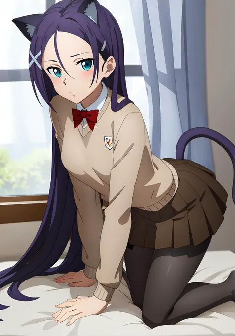 (((masterpiece))), (((best quality))), ultra-detaile, ((sexy)), (((all fours))), crouching,  blush,window,curtain, thigh, [wet],  on bed, long hair, bangs,blue eyes, green eyes,red bowtie, black pantyhose, pleated_skirt, brown_skirt, hair_ornament, hairclip, medium breast, [[[miniskirt]]] , cat tail, cat ears, backlighting,
<lora:misumi222:0.7>