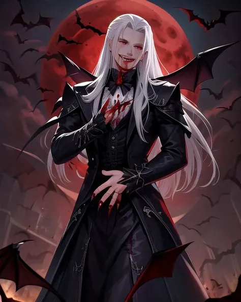 best quality, masterpiece, highres, detailed, perfect anatomy, sephiroth, <lora:Style - add_detail:0.1>, vampirism, <lyco:Traits - Vampirism:0.9>, 1 vampire boy with fangs, claws, and evil smile drinking blood in black dress shirt, bats and blood moon in the background, victorian dress,