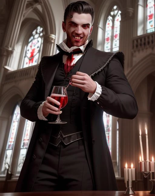 best quality, masterpiece, highres, detailed, perfect anatomy, <lora:Style - add_detail:0.1>, 1boy, adult vampire man with glowing eyes fangs sharp claws and an evil smile, indoors in a large European room with stained glass windows at night, man wearing gothic Victorian clothes drinking blood, <lyco:Traits - Vampirism:0.8>
