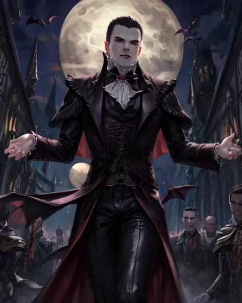 best quality, masterpiece, highres, detailed, perfect anatomy, <lora:Style - add_detail:0.1>, vampirism, <lyco:Traits - Vampirism:0.8>,  1 boy, vampire, pale skin, victorian clothing, full moon,  <lora:L1L14N4:0.4>