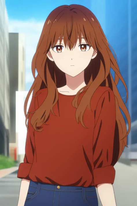 fuyutsuki, 1girl, solo, long_hair, looking_at_viewer, bangs, brown_hair, hair_between_eyes, brown_eyes, red_shirt, blue_jeans, outdoor, city