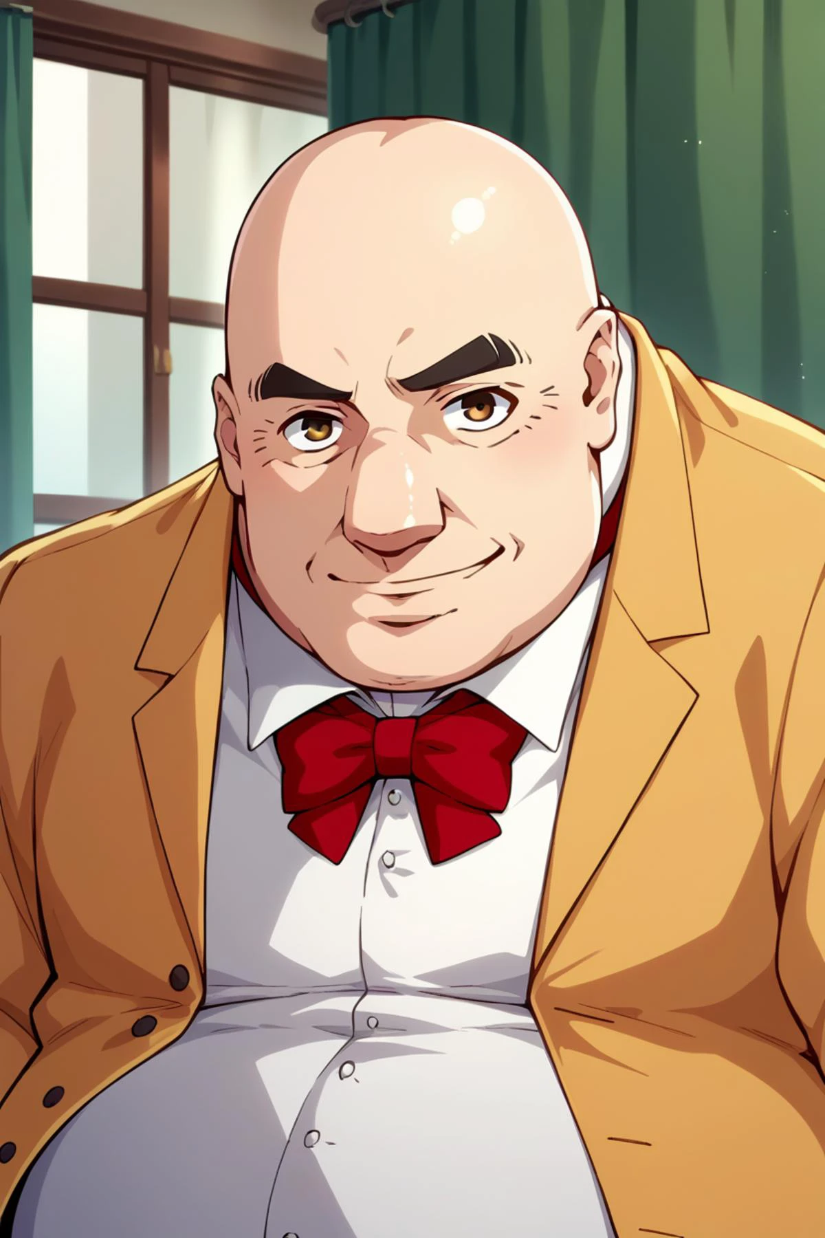 score_9, score_8_up, score_7_up, score_6_up, source_anime, BREAK male focus, <lora:p5kobayakawa-pdxl-nvwls-v1-000005:1> p5principal, fat man, obese, bald, yellow jacket, formal, white shirt, red bow tie, upper body, looking at you, smile