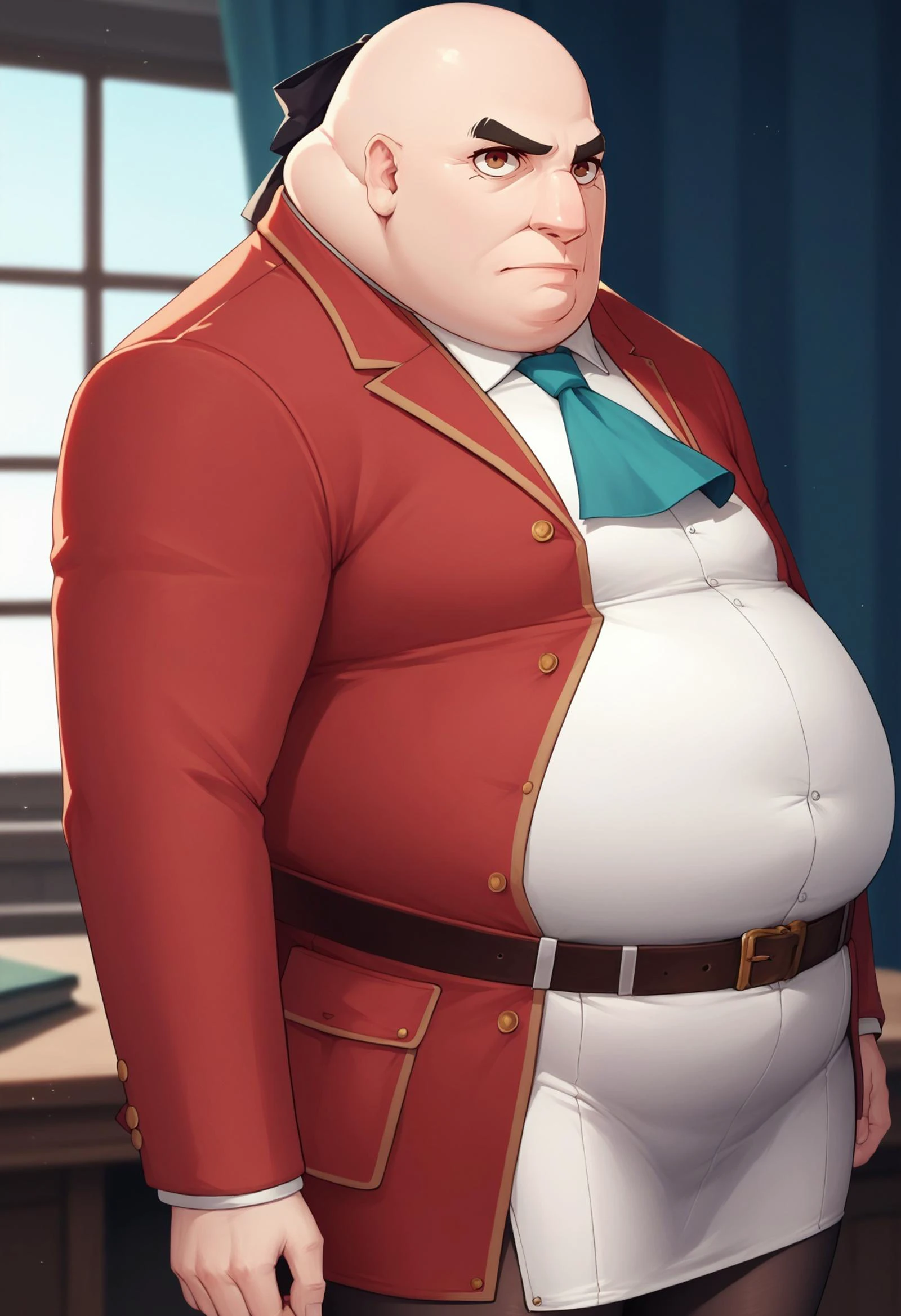 p5principal, fat man, obese, bald, black hairband, hair ribbon, long hair, ascot, uniform, long red sleeves, white dress, pencil skirt, belt, black pantyhose, solo,
<lora:p5kobayakawa-pdxl-nvwls-v1:1> <lora:elie-pdxl-nvwls-v1:0.8>
BREAK
score_9,score_8_up,score_7_up,score_6_up,score_5_up, detailed,