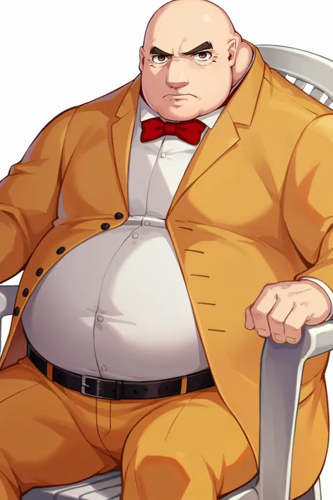 score_9, score_8_up, score_7_up, score_6_up, source_anime, BREAK male focus, solo <lora:p5kobayakawa-pdxl-nvwls-v1-000005:1> p5principal, fat man, obese, bald, yellow jacket, formal, white shirt, red bow tie, belt, yellow pants, serious, looking at you <lora:PlasticChair_XLPD:1.2> plastic chair, sitting, white background, simple background,