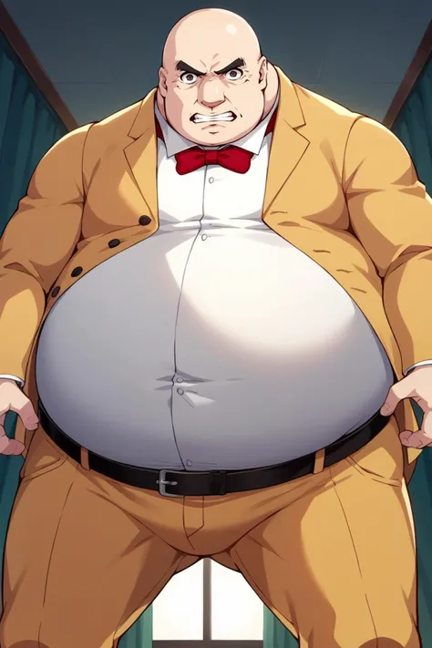 score_9, score_8_up, score_7_up, score_6_up, source_anime, BREAK male focus, <lora:p5kobayakawa-pdxl-nvwls-v1-000005:1> p5principal, fat man, obese, bald, yellow jacket, formal, white shirt, red bow tie, belt, yellow pants, serious, clenched teeth, angry, hands on hips, from below, shadowed face, dark room