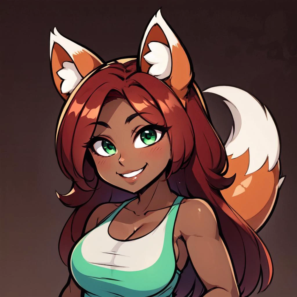 <lora:zoologistloraX1:1> zoologist, fox girl, fox ears, ((dark skin, dark-skinned female)), red hair, looking at viewer, tail, smile, green eyes, <lora:yuzusoft-chibiV2:0.6> chibi <lora:chibi:0.6> chibi