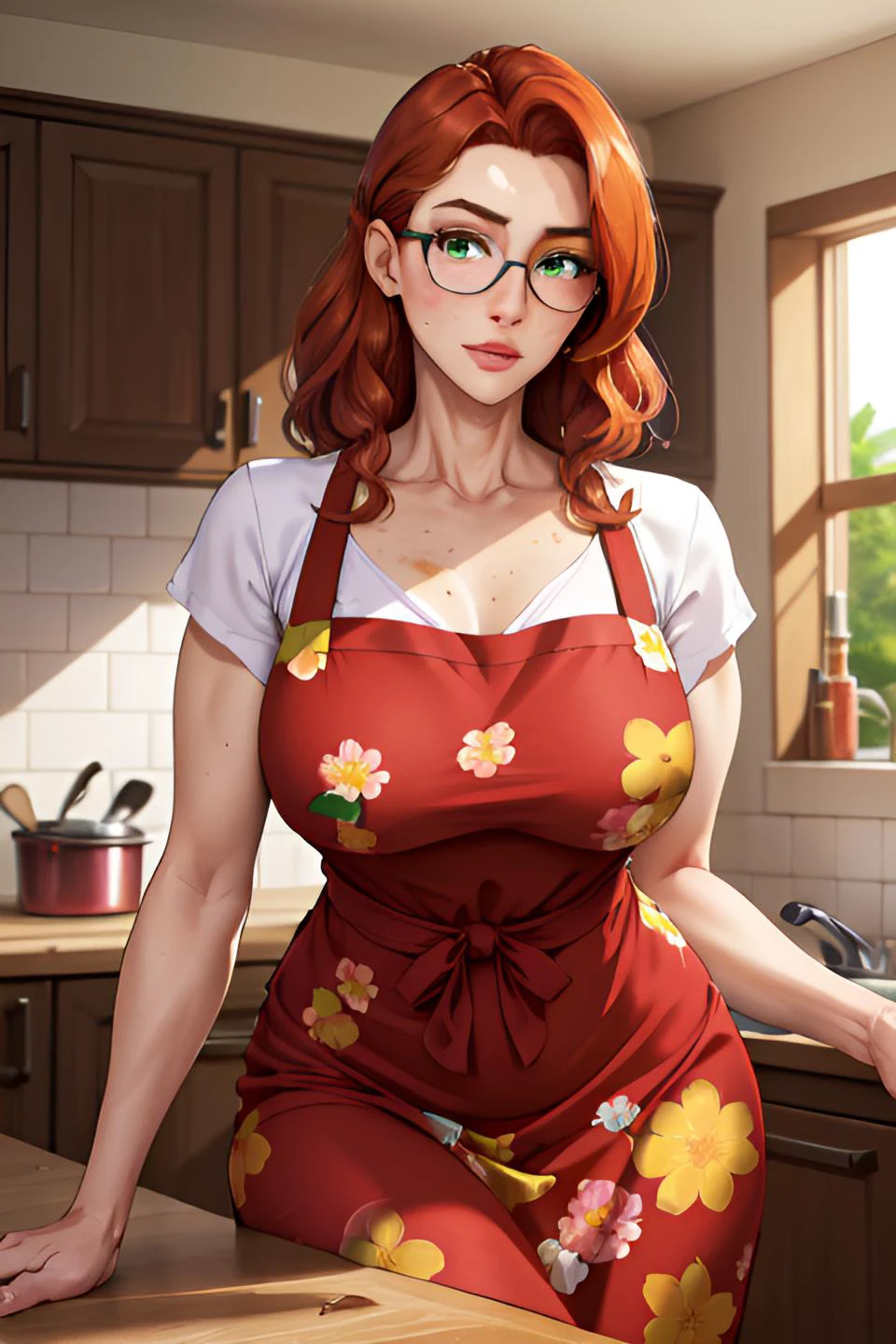 embedding:AS-MidAged, Bust, Torso, thin figure, 1 woman (leaning back against kitchen counter) 56yo woman, hyper detailed hair, messy auburn hair pushed to one side, floral day dress, white apron, skinny, freckles, big frame glasses, green eyes