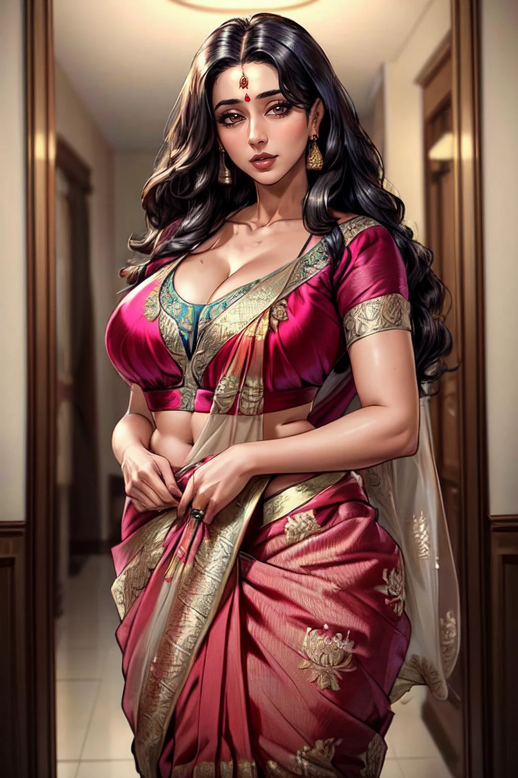 (masterpiece:1.4), (best quality), (detailed), indian milf, mature female, (wearing saree:1.4),(full clothed:1.5), long wavy hairs, looking at viewer, collarbone, down blouse,( cleavage:0.4),
<lora:add_detail:0.8>, thick jucy body, (masterpiece:1.4), (best quality), (detailed),
