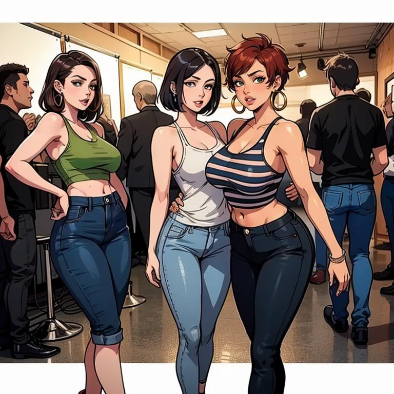 dimly lit backstage at a rock concert, spotlight on a woman, wearing a spandex green horizontal striped tank, jeans, high heel sandals, hoop earrings, auburn hair, pixie cut, , clean face, looking at viewer, fine teeth, big breasts, in the background musicians and rock groupies wearing black hanging out
