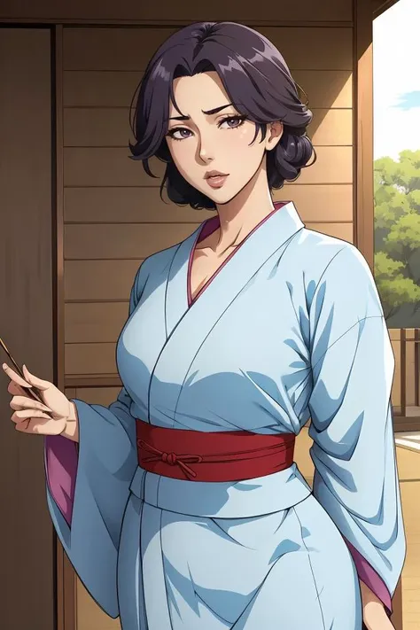 1girl, japanese clothes, yukata,  upper body, (mature female:1.5),
masterpiece, best quality, intricate details,  anime screencap, flat color,