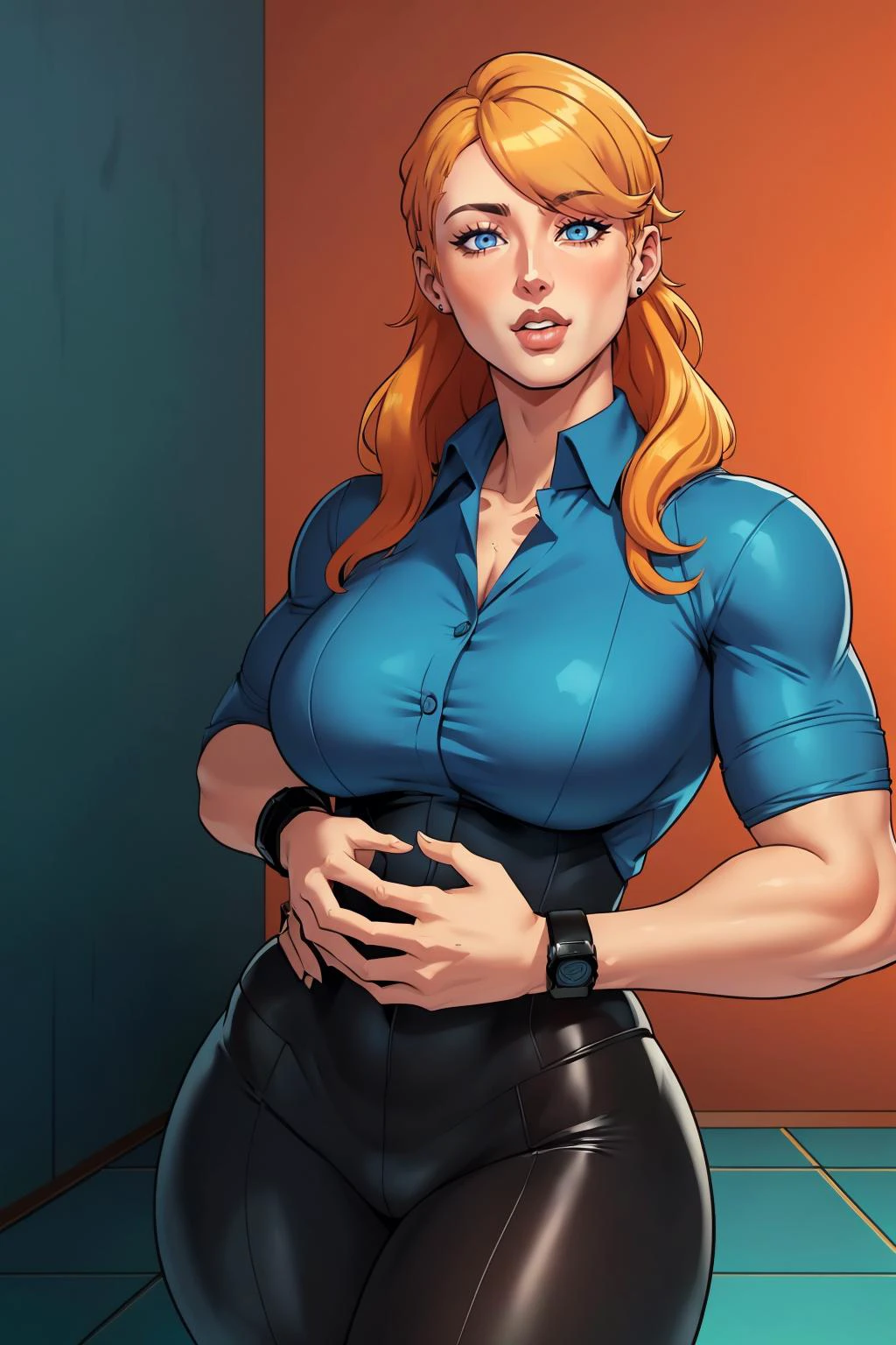 BLRQ015, a woman with blonde hair and blue eyes posing for a picture in a dark suit and blue shirt with a red background, promotional image, a colorized photo, fine art, on floor,
((masterpiece, best quality)) anime screencap,