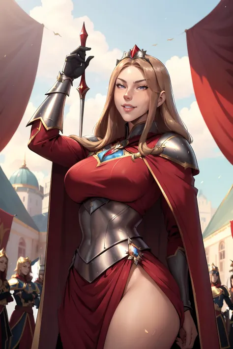AnjelikaV2, (best quality, masterpiece:1.3), 1girl, Warrior, armor, upper body, , royal, tiara, royal crest, cape, standing, parted lips, film grain, blurry foreground, anime screencap, red curtains, closed mouth, light smile, outdoors, castle, palace,