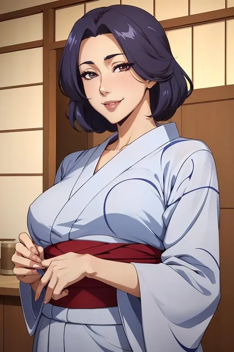 1girl, japanese clothes, yukata,  upper body, (mature female:1.5),seductive smile, 
masterpiece, best quality, intricate details,  anime screencap, flat color,