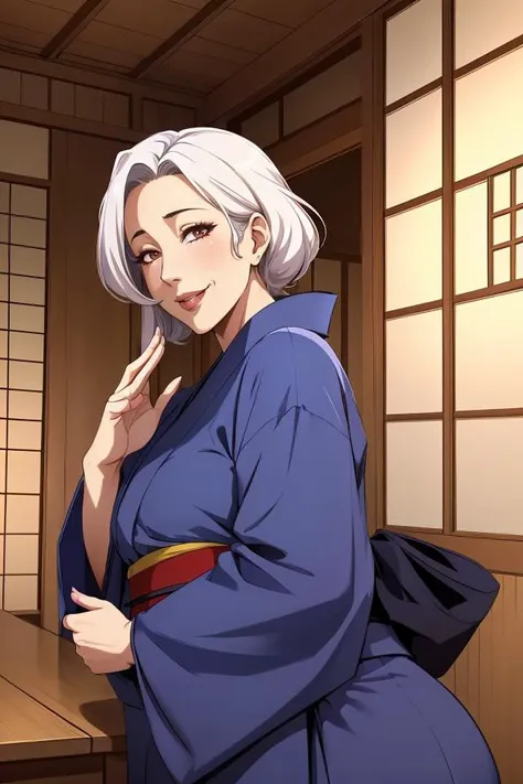 1girl, japanese clothes, yukata,  upper body, (mature female:1.5),seductive smile, ara ara
masterpiece, best quality, intricate details,  anime screencap, flat color,