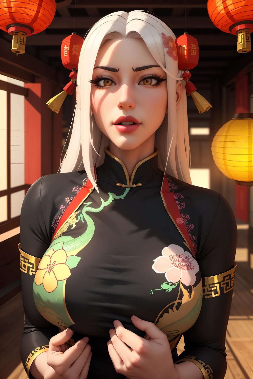 3d, 3d background, 1girl, china dress, floral print, lantern, dragon statue, indoors, temple,
masterpiece, best quality, intricate,