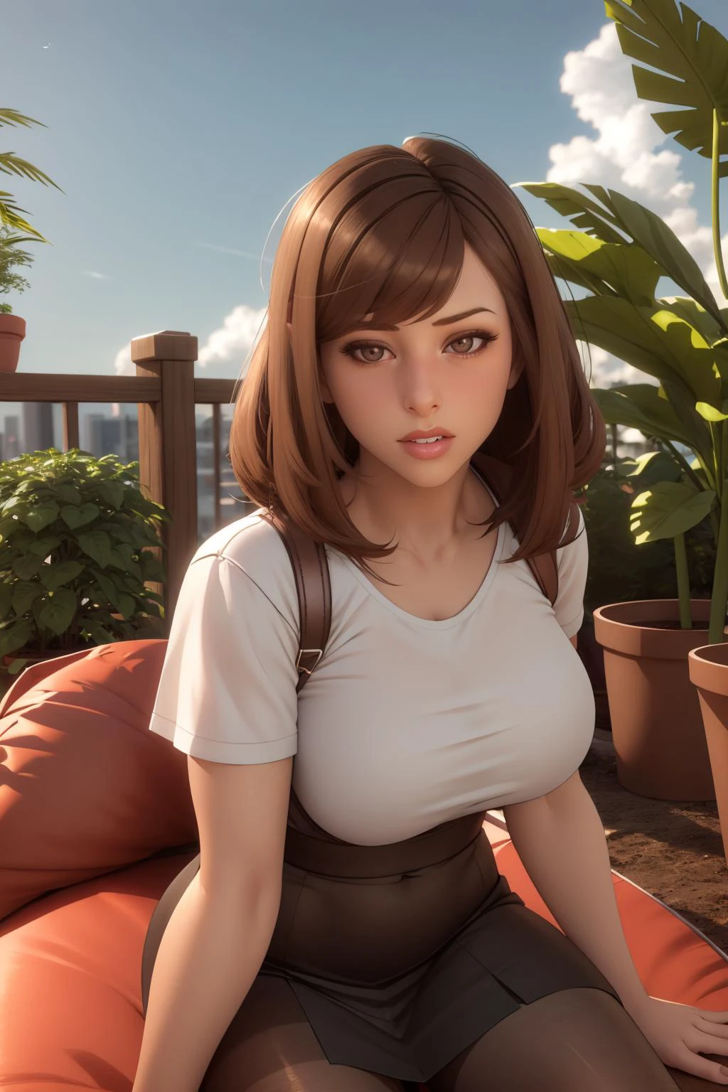 1girl, brown hair, bangs, pantyhose, skirt, solo, sitting, bean bag chair, potted plant, sky,
masterpiece, best quality, <lora:Lauren_Clare:1>, 3d, 3d background,