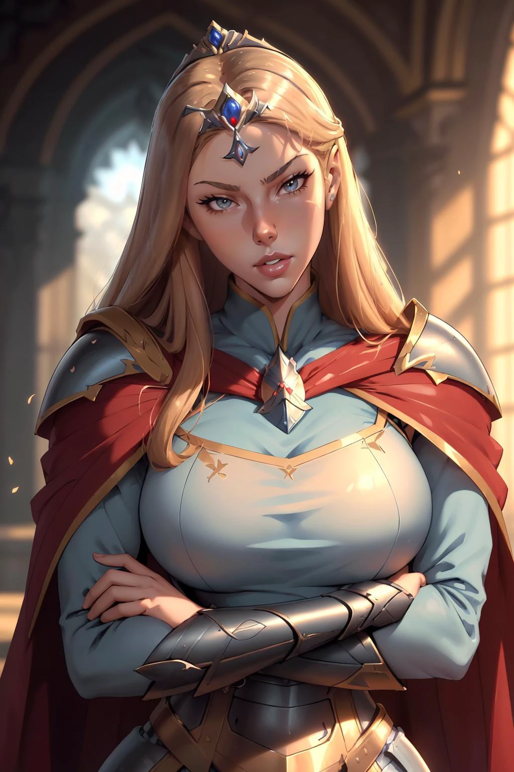 AnjelikaV2, (best quality, masterpiece:1.3), 1girl, Warrior, sword, armor, upper body, , royal, tiara, royal crest, cape, standing, parted lips, film grain, blurry foreground, anime screencap, head tilt, parted lips, looking to the side,