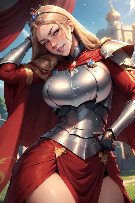 AnjelikaV2, (best quality, masterpiece:1.3), 1girl, Warrior, armor, upper body, , royal, tiara, royal crest, cape, standing, parted lips, film grain, blurry foreground, anime screencap, red curtains, closed mouth, light smile, outdoors, castle, palace,