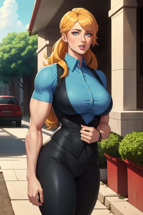 BLRQ015, a woman with blonde hair and blue eyes posing for a picture in a dark suit and blue shirt ,  promotional image, outdoors,  a colorized photo, fine art, standing, 
((masterpiece, best quality))  anime screencap,