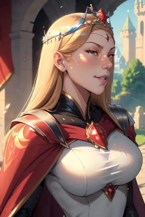 AnjelikaV2, (best quality, masterpiece:1.3), 1girl, Warrior, armor, upper body,  , royal, tiara, royal crest, cape, standing,    parted lips,  film grain, blurry foreground, anime screencap, red curtains, closed mouth, light smile, outdoors, castle, palace, from side, dappled sunlight, plant,