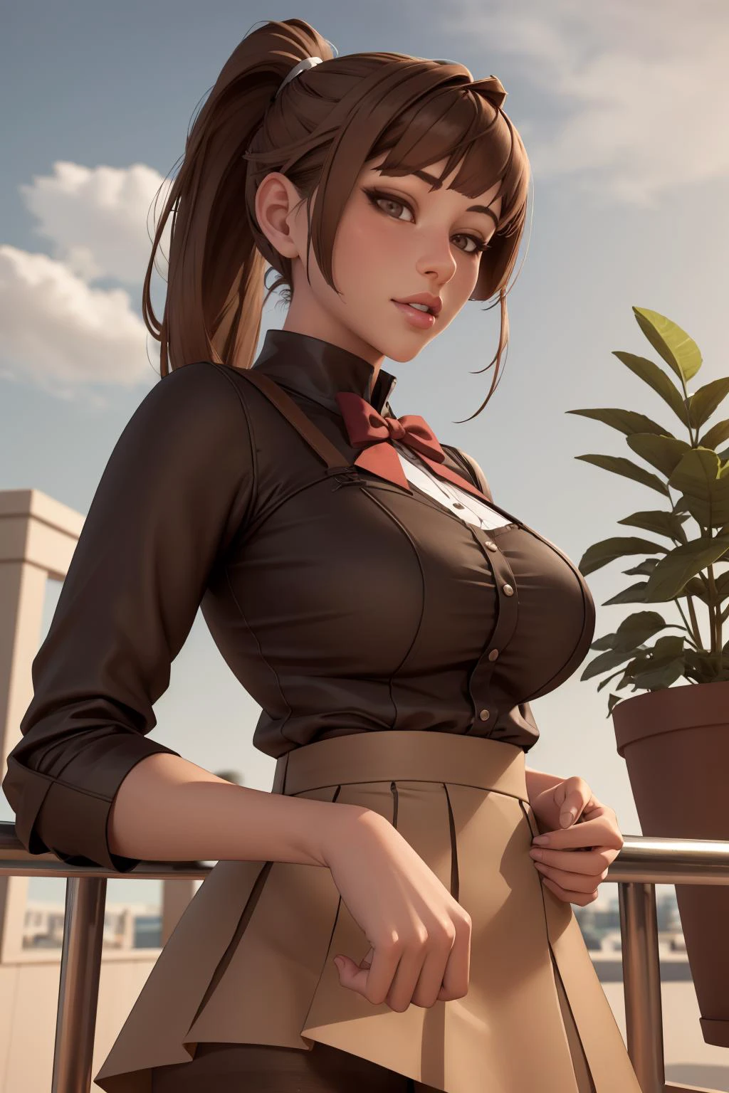 1girl, brown hair, bangs, pantyhose, skirt, solo, potted plant, sky, standing, ponytail, railing,
masterpiece, best quality, <lora:Lauren_Clare:1>, 3d, 3d background,