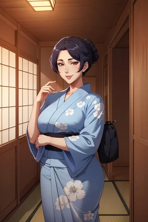 1girl, japanese clothes, yukata, upper body, (mature female:1.5),seductive smile,
masterpiece, best quality, intricate details, anime screencap, flat color,