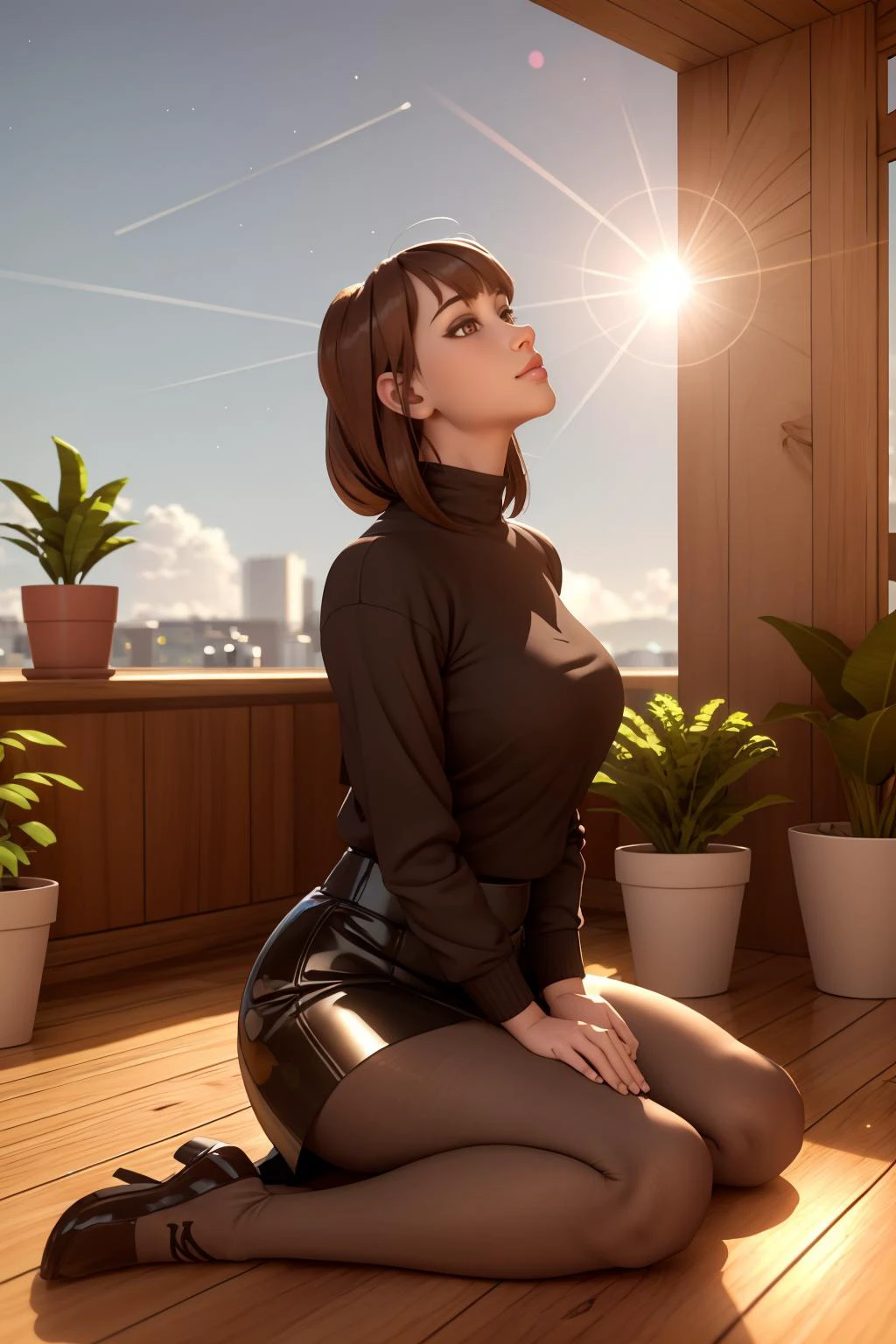 1girl, brown hair, bangs, pantyhose, skirt, solo, sitting, bean bag chair, potted plant, sky, lens flare, wooden floor,
masterpiece, best quality, <lora:Lauren_Clare:1>, 3d, 3d background,