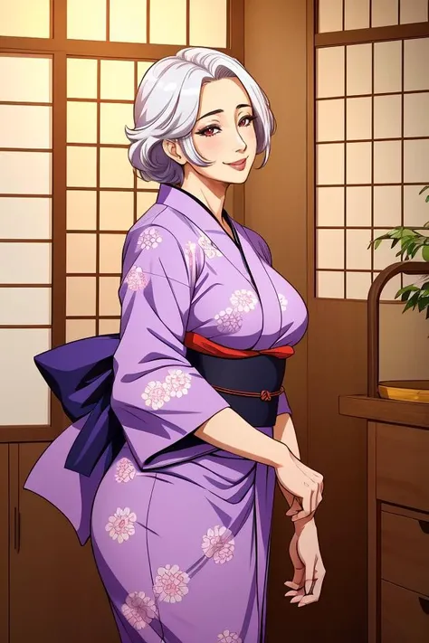 1girl, japanese clothes, yukata,  upper body, (mature female:1.5),seductive smile, 
masterpiece, best quality, intricate details,  anime screencap, flat color,