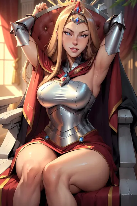 AnjelikaV2, (best quality, masterpiece:1.3), 1girl, Warrior, armor, upper body, , royal, tiara, royal crest, cape, standing, parted lips, film grain, blurry foreground, anime screencap, red curtains, closed mouth, light smile, castle, palace, from side, dappled sunlight, plant, throne, sitting,