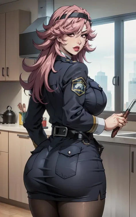(masterpiece, best quality:1.4), insaneres, absurdres, solo, looking at viewer, BREAK
MainOutfit_YayoiKusakabe_ownwaifu,
1girl, pink hair, pink eyes, spiked hair, black headband, long hair, mask on head, white mask, hair over one eye, lipstick, makeup, lips, hairband, pink lips, large breasts, mask, bangs, hair ornament, one eye covered, white headwear, black hairband, flipped hair, big hair,
blue jacket, blue necktie, breast pocket, police uniform, policewoman, collared shirt, black necktie, white shirt, belt, necktie, armband, pantyhose, pencil skirt, black belt, long sleeves, formal, suit, miniskirt, pocket, black pantyhose, skirt suit,
(looking back, cowboy shot), from behind, cooking, frying pan, kitchen, indoors, <lora:ANIME_HighRiseInvasion_YayoiKusakabe_ownwaifu:0.8> , depth of field
,