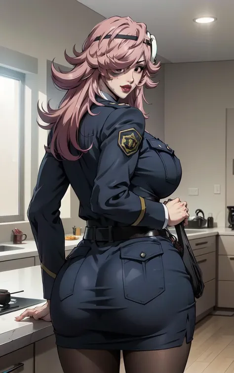 (masterpiece, best quality:1.4), insaneres, absurdres, solo, looking at viewer, BREAK
Masked_YayoiKusakabe_ownwaifu,
1girl, masked, pink hair, no eyes, solid oval eyes, spiked hair, black headband, long hair, white mask, lipstick, makeup, lips, large breasts, mask, bangs, hair ornament, flipped hair, big hair, messy hair,
blue jacket, blue necktie, breast pocket, police uniform, policewoman, collared shirt, black necktie, white shirt, belt, necktie, armband, pantyhose, pencil skirt, black belt, long sleeves, formal, suit, miniskirt, pocket, black pantyhose, skirt suit,
horror (theme),
(looking back, cowboy shot), from behind, cooking, frying pan, kitchen, indoors, <lora:ANIME_HighRiseInvasion_YayoiKusakabe_ownwaifu:0.8> , depth of field
,