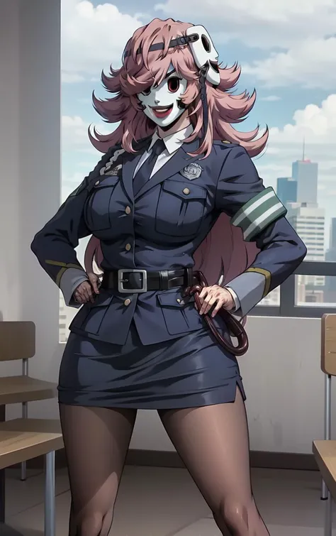 (masterpiece, best quality:1.4), insaneres, absurdres, solo, looking at viewer, BREAK
Masked_YayoiKusakabe_ownwaifu,
1girl, masked, pink hair, no eyes, solid oval eyes, spiked hair, black headband, long hair, white mask, lipstick, makeup, lips, large breasts, mask, bangs, hair ornament, flipped hair, big hair, messy hair,
blue jacket, blue necktie, breast pocket, police uniform, policewoman, collared shirt, black necktie, white shirt, belt, necktie, armband, pantyhose, pencil skirt, black belt, long sleeves, formal, suit, miniskirt, pocket, black pantyhose, skirt suit,
horror (theme),
(contrapposto, hand on hip), sunset, sidelighting, outdoors, <lora:ANIME_HighRiseInvasion_YayoiKusakabe_ownwaifu:1> , depth of field
,