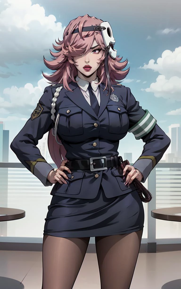 (masterpiece, best quality:1.4), insaneres, absurdres, solo, looking at viewer, BREAK
MainOutfit_YayoiKusakabe_ownwaifu,
1girl, pink hair, pink eyes, spiked hair, black headband, long hair, mask on head, white mask, hair over one eye, lipstick, makeup, lips, hairband, pink lips, large breasts, mask, bangs, hair ornament, one eye covered, white headwear, black hairband, flipped hair, big hair,
blue jacket, blue necktie, breast pocket, police uniform, policewoman, collared shirt, black necktie, white shirt, belt, necktie, armband, pantyhose, pencil skirt, black belt, long sleeves, formal, suit, miniskirt, pocket, black pantyhose, skirt suit,
(contrapposto, hand on hip), sunset, sidelighting, outdoors, <lora:ANIME_HighRiseInvasion_YayoiKusakabe_ownwaifu:1> , depth of field
,